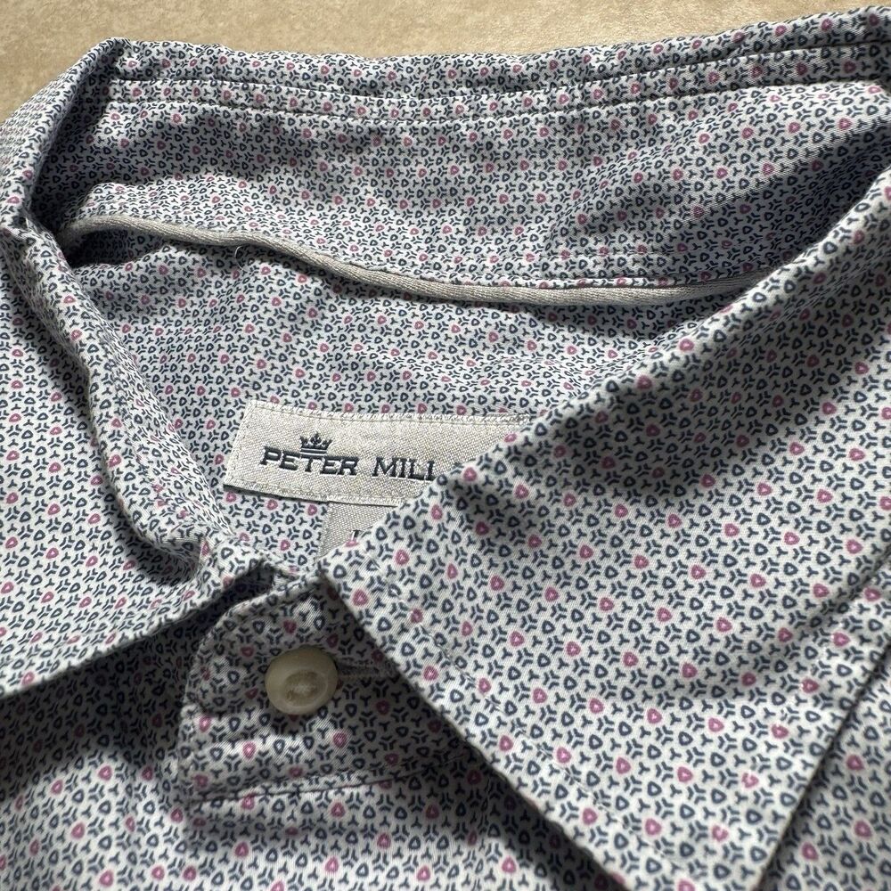 Peter Millar Men’s L White Geometric All Over Print Button Up Short Sleeve Shirt
